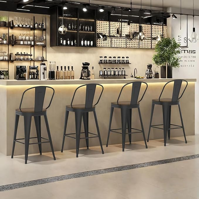 26” Swivel Bar Stools Set of 4, Counter Height Bar Stools Wooden Seat, Metal Industrial Bar Chairs with High Back for Kitchen Island (Black)