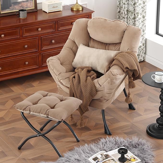 Lazy Chair with Ottoman, Modern Accent Chair with Lumbar Pillow, Comfy Chairs with Folding Footrest for Bedroom, Reading, Oversized Supportive Lounge Chairs(Velvet Khaki)