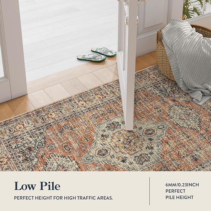 Lahome Oriental Kitchen Runners for Hallways, 2.5x10 Washable Runner Rug Non Slip, Soft Hallway Rug Distressed Ultra-Thin Long Carpet for Bathroom Entryway ‎Bedroom, Peach/Orange