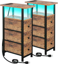 Narrow End Tables Living Room Set of 2 with Charging Station, Skinny Side Table with Fabric Drawers, Slim LED Nightstand for Bedroom, Small Spaces, Couch, Rustic Brown, HETNDP03LPBR
