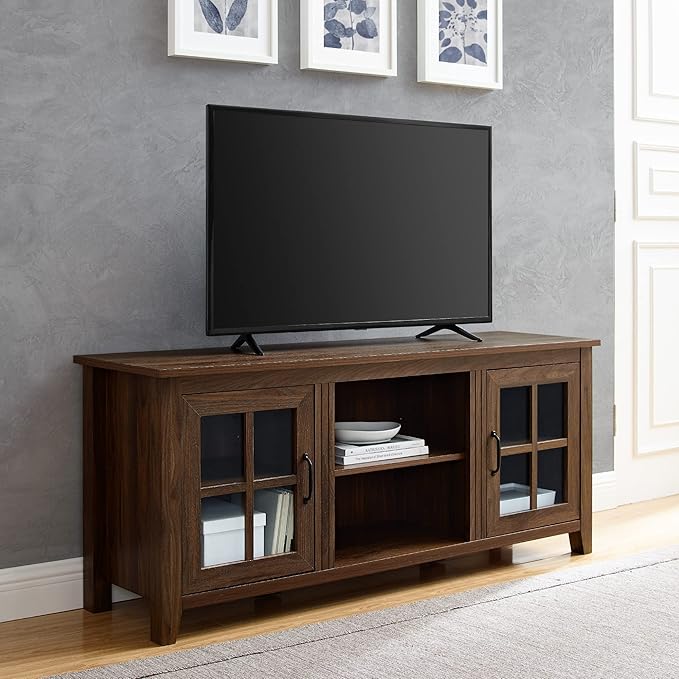 Walker Edison Dakota Modern Farmhouse 2 Glass Door Stand for TVs up to 65 Inches, 58 Inch, Dark Walnut