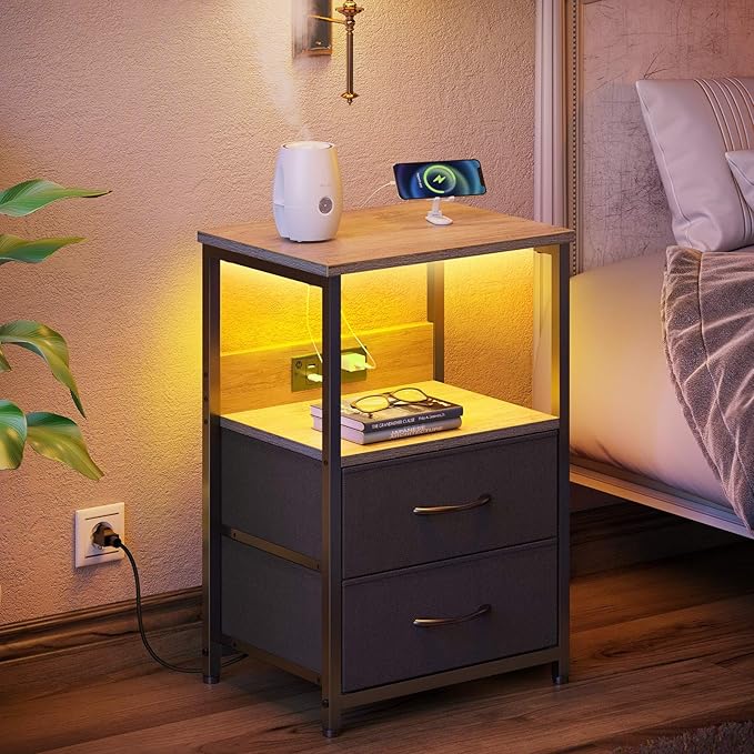 Seventable Nightstand Set of 2 with Charging Station, Bedside Table with LED Lights, Night Stand with 2 Fabric Drawers, 3-Tier Storage End Table for Bedroom, Greige