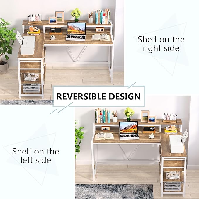Tribesigns L Shaped Desk with Drawers and Monitor Stand, L Corner Desk with Storage Shelves, Beige Wooden PC Table for Samll Home Office