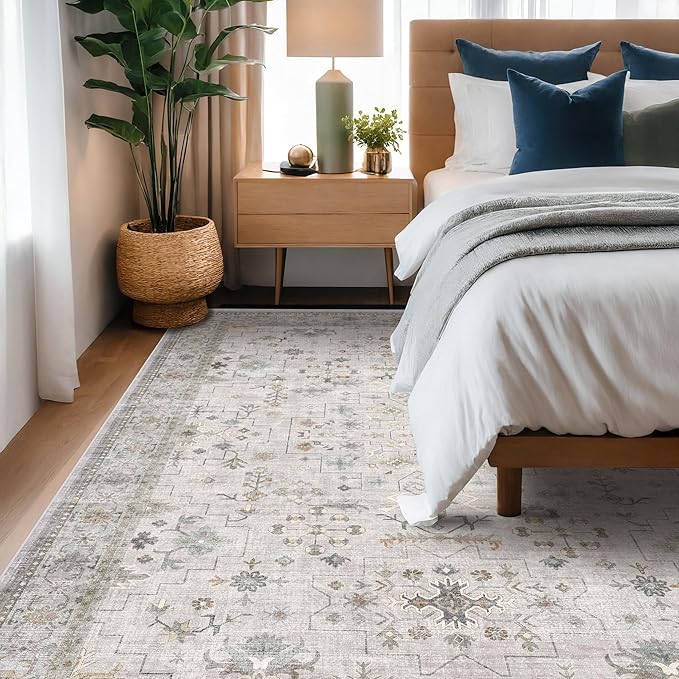 Boho Light Grey 5x7 Living Room Rug - Modern Vintage Eclectic Floral Pastel Neutral Taupe, Washable Low Pile Non-Slip Large Area Rugs for Nursery Dining Under Table Bedroom Lounge