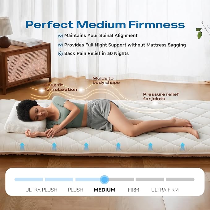 Japanese Floor Mattress, Roll Up Tatami Mat, Sleeping Pad, Shikibuton, CertiPUR-US Certified Foam Floor Bed Futon Mattress for Sleeping, Dormitory, Guest Bed, Designed in Japan(Twin)