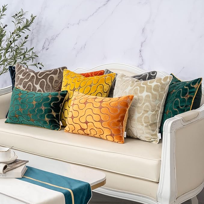 Yangest Orange Yellow Square Throw Pillow Cover Wavy Velvet Cushion Cover Modern Zippered Pillowcase for Sofa Couch Bedroom Living Room Chair, 18 x 18 Inch