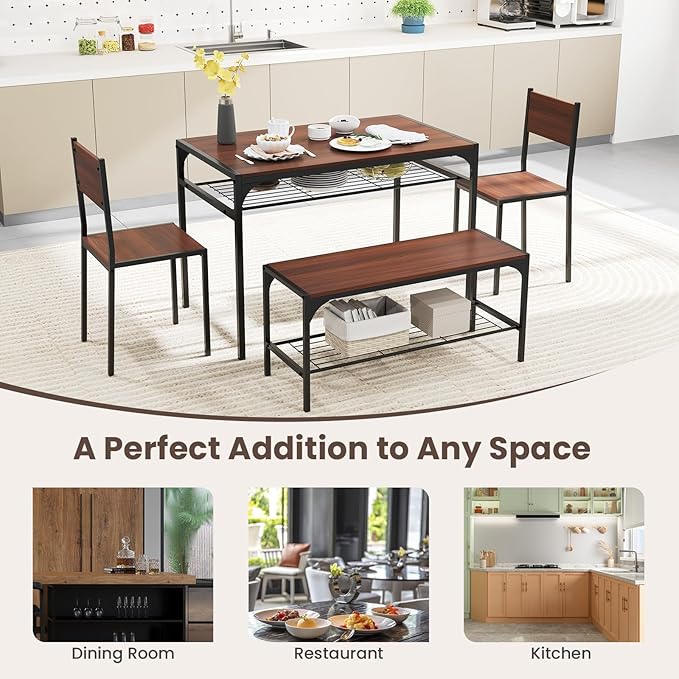 Giantex Dining Table Set for 4, Kitchen Table with Chairs & Bench, Storage Racks, Metal Frame, 4-Piece Space-Saving Dinette Set for Dining Room, Breakfast Nook, Small Space, Apartment, Walnut