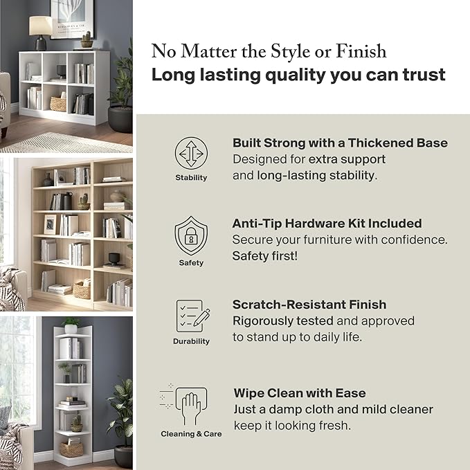 Bush Furniture Universal 25W Tall 5 Shelf Bookcase in White - Set of 2, Matching Storage and Display Bookshelves for Home Office or Living Room Organization