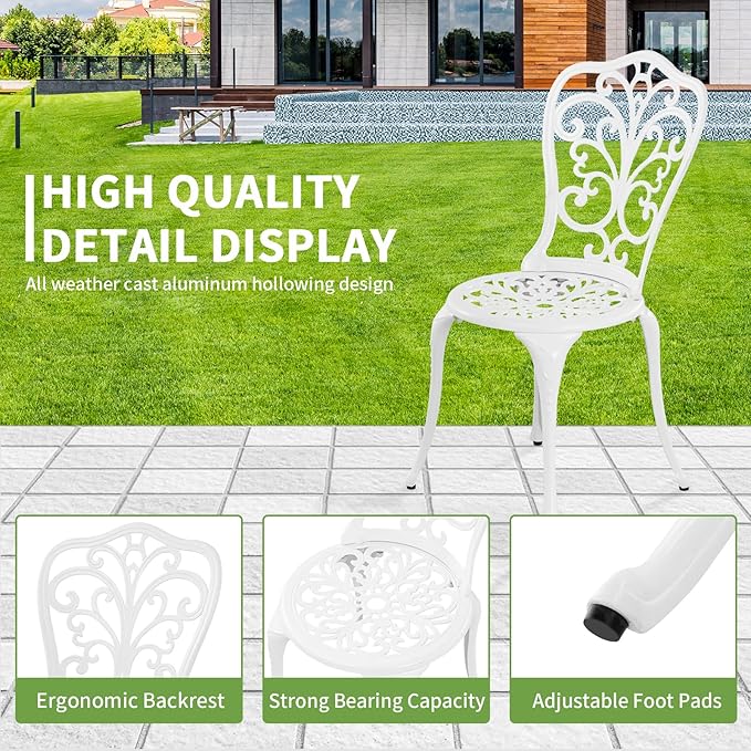 Bistro Set 3 Piece Outdoor Cast Aluminum Patio Bistro Set with Umbrella Hole, All Weather Bistro Table and Chairs Set, Small Patio Furniture Set for Garden, Porch,White