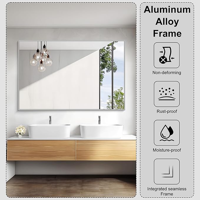 KOCUUY Large Silver Bathroom Mirror, 55x36 inch Rectangular Mirror for Bathroom Sink, Oversized Mirror with Metal Brushed Nickel Frame for Living Room, Farmhouse, Entryway, Hang Horizontal/Vertical