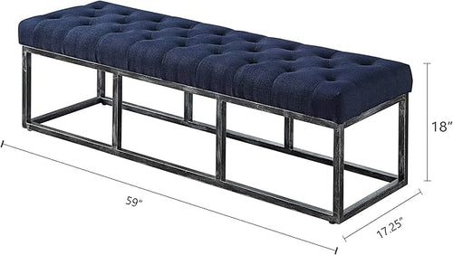 24KF Upholstered Tufted Long Bench Seats with Metal Frame Leg, Linen Bench Ottoman with Padded Seat-Navy Blue