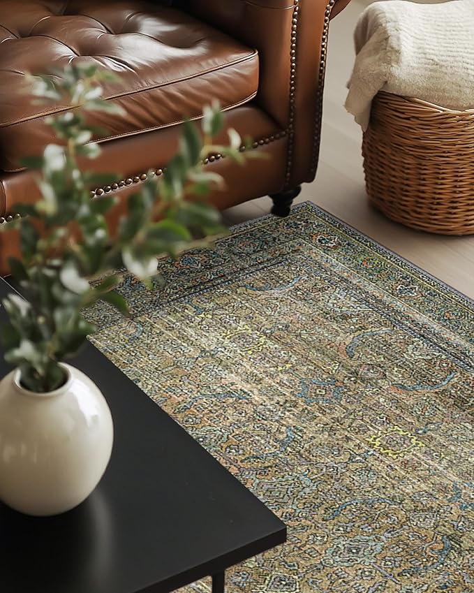 8X10 Area Rugs Machine Washable Rugs for Living Room, Vintage Boho Large Rugs for Bedroom Dining Room, Non Slip Indoor Soft Distressed Lightweight Thin Low Pile Carpet, Vintage Sunset