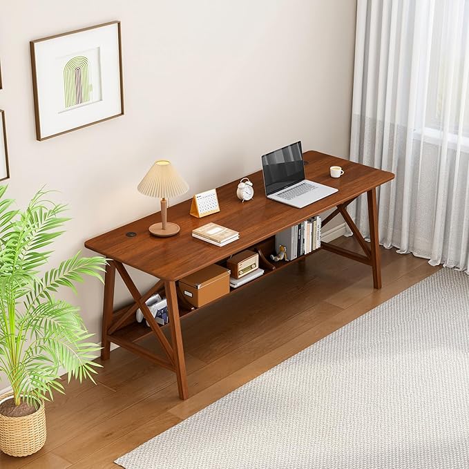 Extra Long Desk with Bookshelf - Wooden Home Office Work Study Table, 2-Person Writing Computer Workstation with Storage Shelf in Walnut, 63" Wx20 Dx30 H