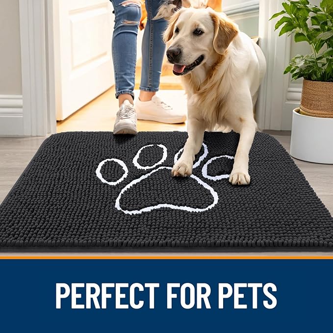 OLANLY Door Mat for Muddy Dog Paws 59x35, Ultra Absorbent Chenille Mud Doormat with Paw Print Design, Non-Slip Washable Doormat for Indoor Entryway, Quick-Dry Pet Bed Mats for Dirty Dogs, Dark Grey