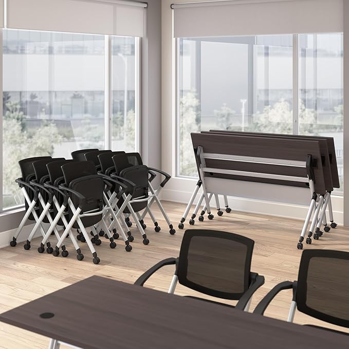 Bush Business Furniture Folding Training Table Set for 2, 60 inch Desk with Powered Grommets and 2 Chairs with Arms, Commercial-Grade Bundle for Office or Classroom, Envision Collection, Gray