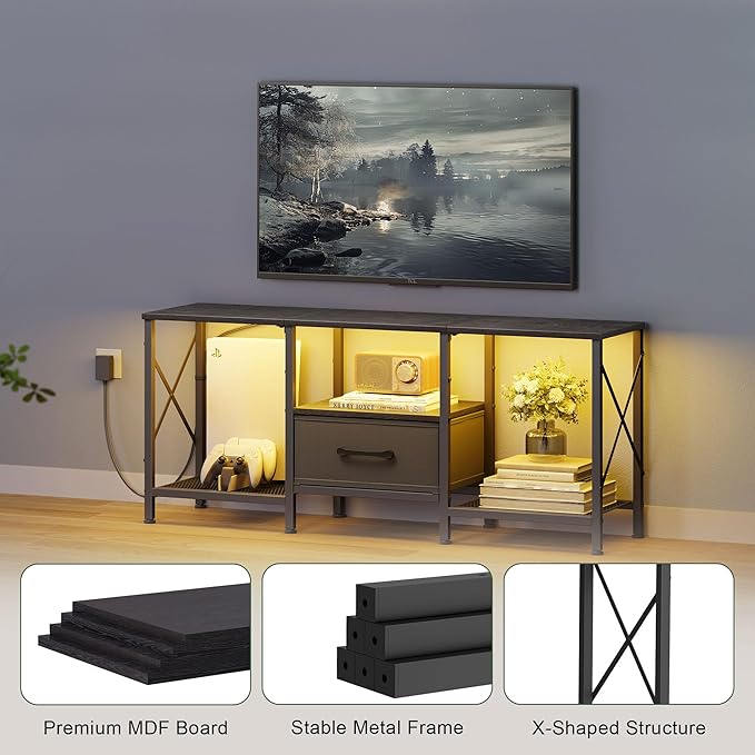 LED TV Stand with Fabric Drawer, Entertainment Center for 50 55 Inch TV, Industrial TV Console Table with Open Storage Shelves for Living Room, Bedroom, Black