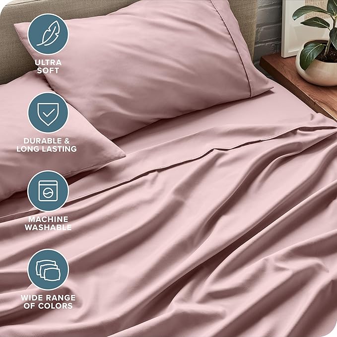Bare Home Twin XL Sheet Set - 1800 Ultra-Soft Microfiber Twin Extra Long Bed Sheets - Double Brushed - Deep Pockets - Easy Fit - Extra Soft - 3 Piece Set - Bed Sheets & Pillowcases (Twin XL, Mauve)