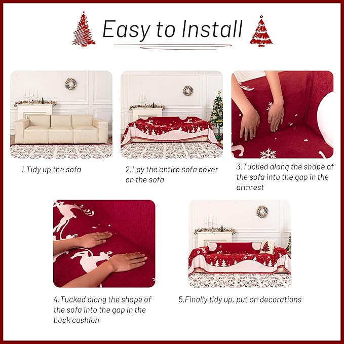 MYSKY HOME Christmas Chenille Sofa Slipcover Couch Covers for Sectional l Shaped Couch Pets Protector Furniture Covers Futon Cover Super Soft Washable Couch Covers for 2 Cushion, 71"x102", Red