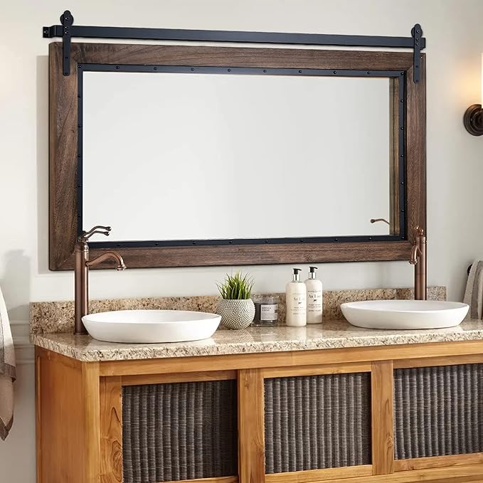 YOSHOOT Farmhouse Barn Door Mirror, 40"x26" Rustic Bathroom Mirror, Wood Frame Wall Mirror, Wooden Mirror for Living Room Bedroom Entryway Wall Décor, Horizontal Hanging ONLY