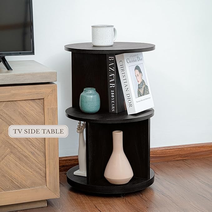 KAYMILY Living Room Side Table, Office Round Bookshelf End Table, Bedroom Mid Century Modern Nightstands, Contemporary Accent Tables - Easy Assembly - MDF Wood - Revolving - Black