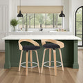 Sonia Modern Swivel Counter Height Bar Stool with Black Upholstered Seat and Patterned Oak Wood Finish Set of 2