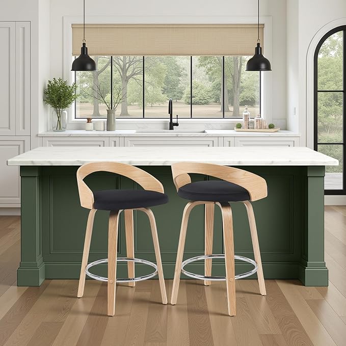 Sonia Modern Swivel Counter Height Bar Stool with Black Upholstered Seat and Patterned Oak Wood Finish Set of 4