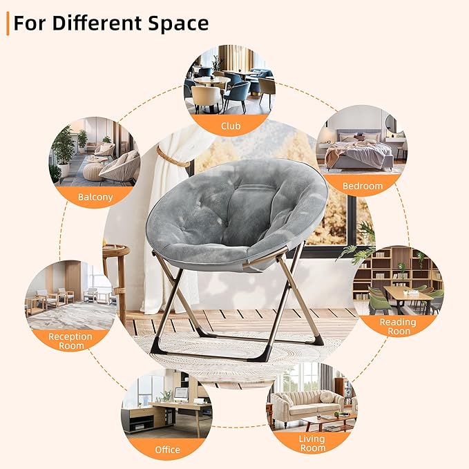 Comfy Saucer Chairs, Gray Folding Reading Lounge Chair, Cozy Faux Fur Living Room Chair with Soft Thick Padded Seat & Metal Frame, Modern Style Bedroom Home for Kids Adults, X-Large, Gold Legs