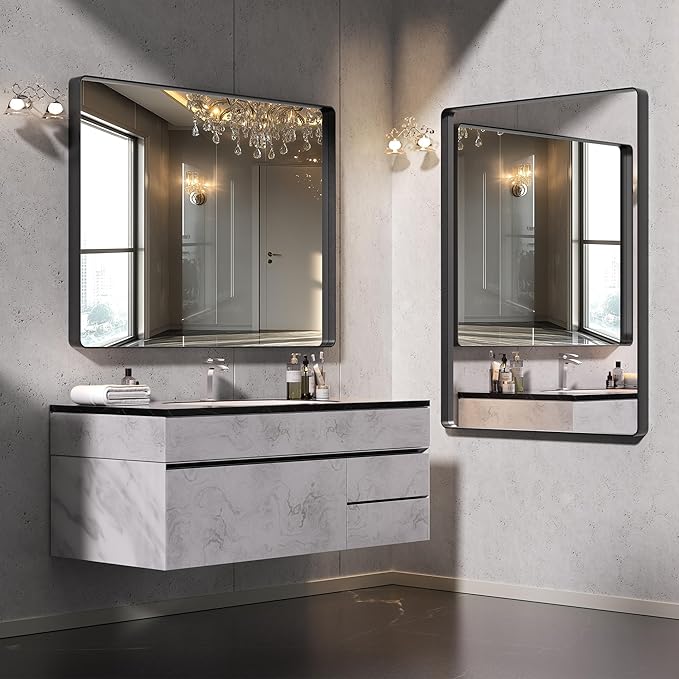 Hasipu 2 PCS Bathroom Mirror for Wall, 36 x 28 Inch Black Metal Framed Bathroom Mirrors for Over Sink, Rectangle Bathroom Vanity Mirror, Anti-Rust, Tempered Glass, Horizontal or Vertical