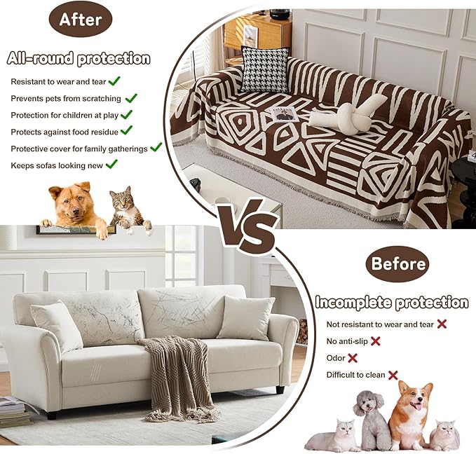 HANDONTIME Chocolate Boho Couch Cover Reversible Sofa Covers for 3 Cushion Couch Washable Couch Sofa Cover for Dogs Dark Couches Covers Chenille Sofa Protector Couch Covers for Sofa, 91" X118"