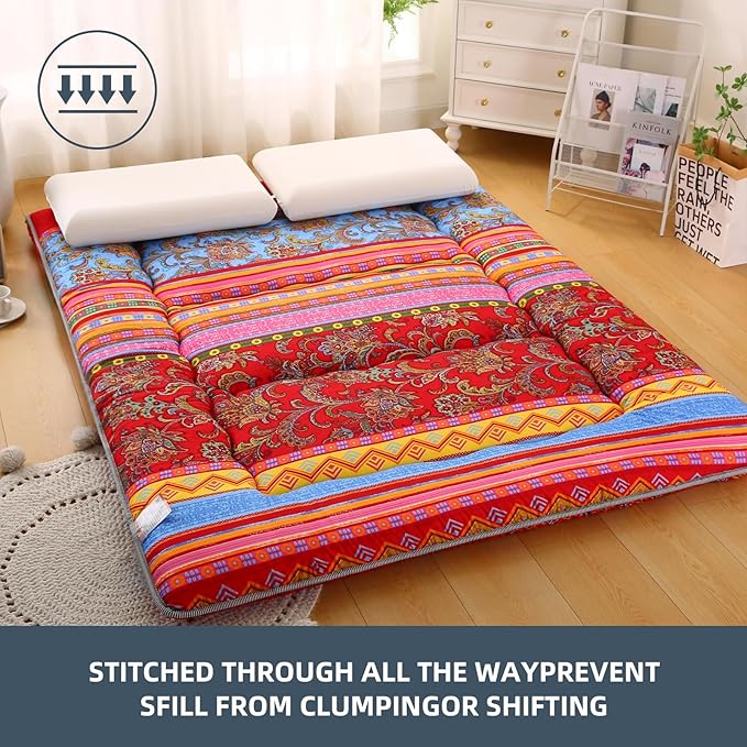 Bohemian Retro Japanese Floor Mattress, Vintage Floral Tatami Floor Mat, Portable Roll up Futon Mattress for Guest,Tavel (E,Queen80 X 60")