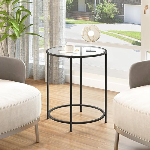 19.7’’ Round Glass End Table, Round Bedside Table with Tempered Glass Top, Black Glass Side Table with Metal Frame, Modern Round End Table for Living Room Balcony Bedroom Porch Patio