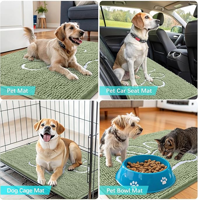 OLANLY Door Mat for Muddy Dog Paws 59x35, Ultra Absorbent Chenille Mud Doormat with Paw Print Design, Non-Slip Washable Doormat for Indoor Entryway, Quick-Dry Pet Bed Mats for Dirty Dogs, Sage Green