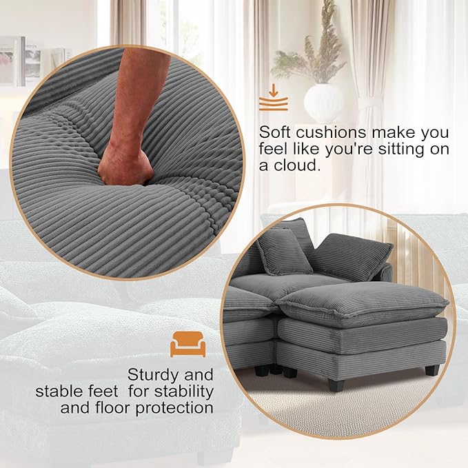 Furniliving 117‘’ L-Shaped Sofa, Luxury Corduroy Modular Sectional Couches with Ottoman, Upholstered Deep Seat Sleeper Sofa with Memory Foam and Waist Pillows, Grey