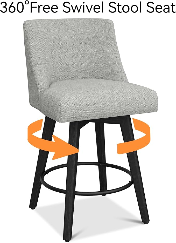 Counter Height Bar Stools Set of 8, Modern Swivel Barstools with Back and Wood Legs, Linen Fabric Upholstered Bar Chairs, 26" H Kitchen Counter Stools, Kitchen Island Home Bar, Light Grey