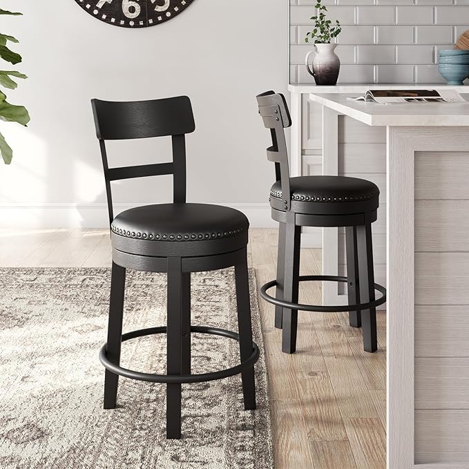 Signature Design by Ashley Valebeck Faux Leather Pub Height Swivel Barstool, 24.38" Seat Height, Black