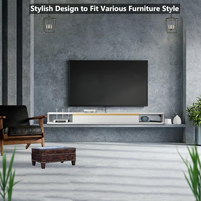 Floating TV Stand, 71'' Wall Mounted Entertainment Center TV Media Console, Floating Shelves with Door, Floating TV Cabinet Large Storage TV Bench for Living Room (White, 70.86IN)