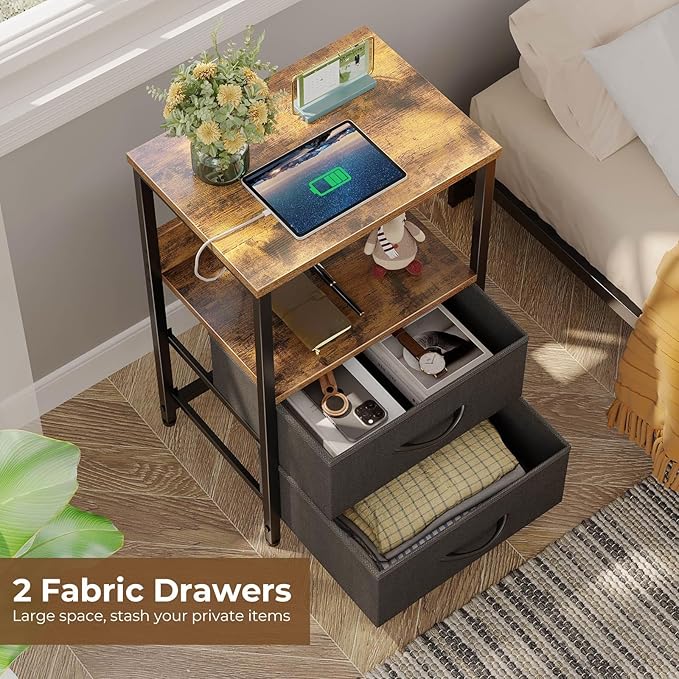 Seventable Nightstand with Charging Station, Bedside Table with LED Lights, Night Stand with 2 Fabric Drawers, 3-Tier Storage End Table for Bedroom, Rustic Brown