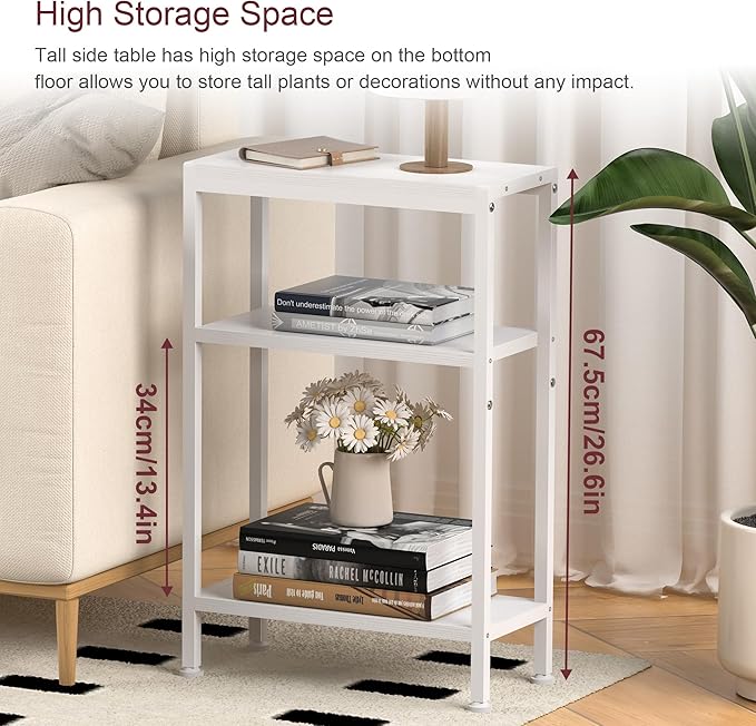 Narrow Side Table for Small Space Set of 2, 3-Tier Small End Table with Shelf Holder, Slim Nightstand, Skinny Snack Couch Table in Living Room, Bedroom, Study, Kitchen and Balcony（White