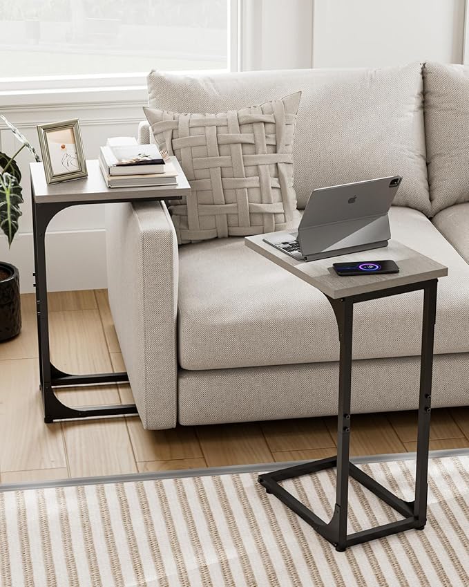 C-Shaped Side Table for Couch - Small Coffee Stand Sofa Tray Desk with Metal Frame and Waterproof Scratch Resistant, Modern End Accent for Living Room, Bedroom, Small Spaces, Greige