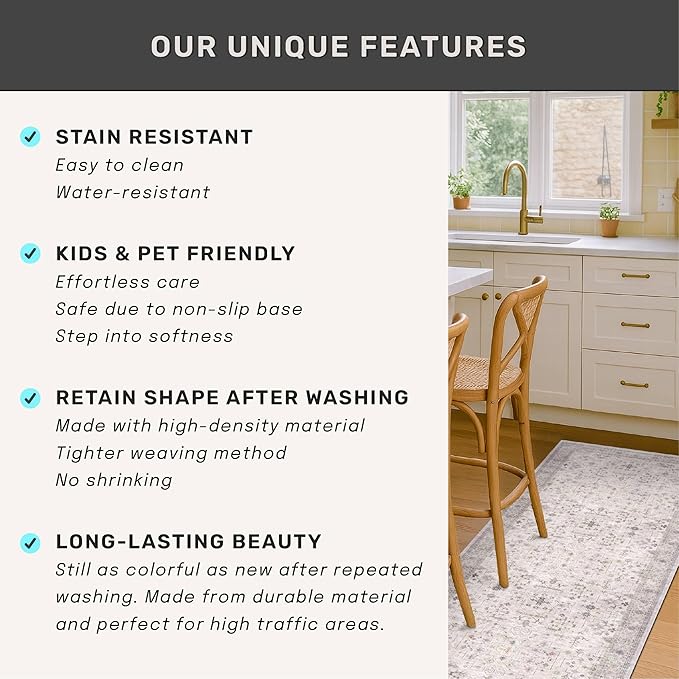 Boho Light Grey Living Room Rug 7x9 - Modern Eclectic Floral Paste Neutral Taupe, Washable Low Pile Non-Slip Large Area Rugs for Dining Under Table, Bedroom Under Bed