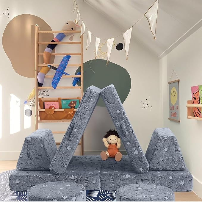 MeMoreCool 8-Piece Kids Modular Play Couch — Glow-in-The-Dark Dinosaur Foam Sofa Set for Toddlers, Convertible Fort Building Furniture with Washable Covers, Playroom Climbing & Creative Play Sofa
