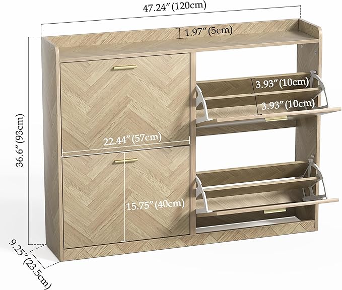 47" Large Shoe Cabinet with 4 Flip Drawers, Freestanding Shoe Storage Cabinet for Entryway, Hidden Shoe Cabinet Organizer with Adjustable Shelf, Narrow Shoe Rack for Entryway, Hallway, Oak