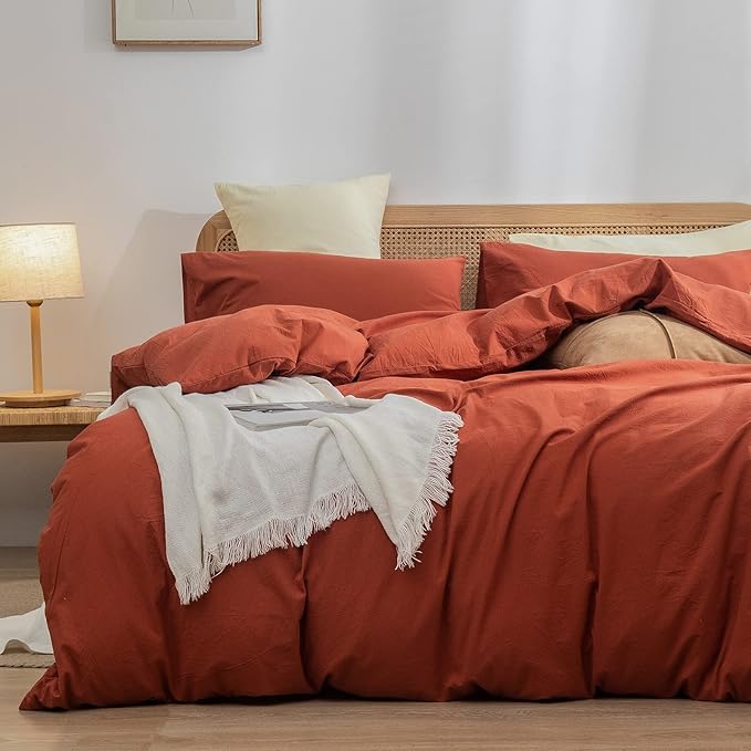 BESTOUCH Duvet Cover Set 100% Washed Cotton Linen Feel Super Soft Comfortable Chic Lightweight 3 PCs Home Bedding Set Solid Burnt Brick Red Queen