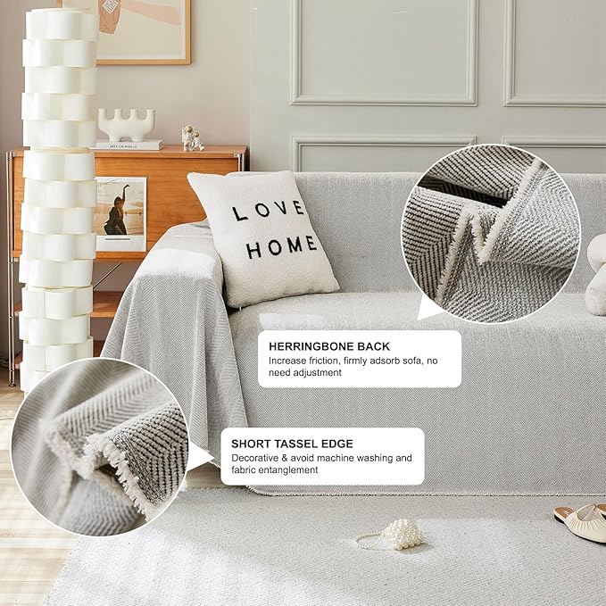 STACYPIK Silver Gray Sofa Cover for Dogs, Herringbone Couch Cover for Sectional, Pets Protector for 3 Cushion Couch, Washable Anti-Slip Loveseat Cushion Cover with Tassel, Multi-Use Blankets-71X134IN