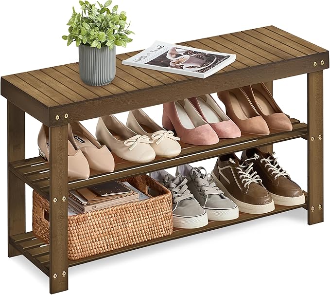 SONGMICS Shoe Rack Bench, 3-Tier Bamboo Shoe Storage Organizer, Entryway Bench, Holds Up to 286 lb, 11.3 x 35.4 x 17.8 Inches, for Entryway Bathroom Bedroom, Yellow Brown ULBS090K01