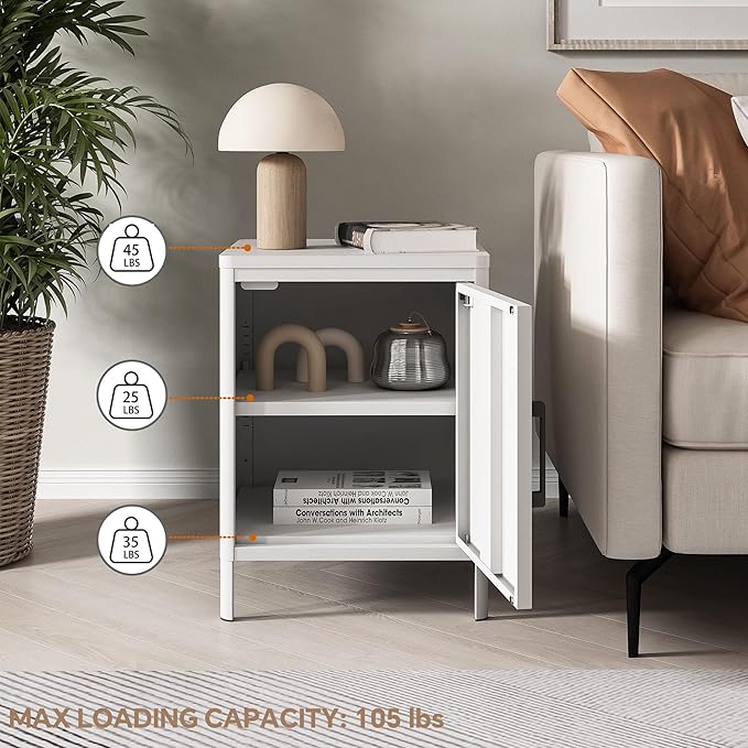 Nightstand with 1 Door, Metal Side Table with Wooden top for Bedroom, Living Room and Dorm 15.75 x 15.67 x 21.26 Inches (1 Door, Cream)