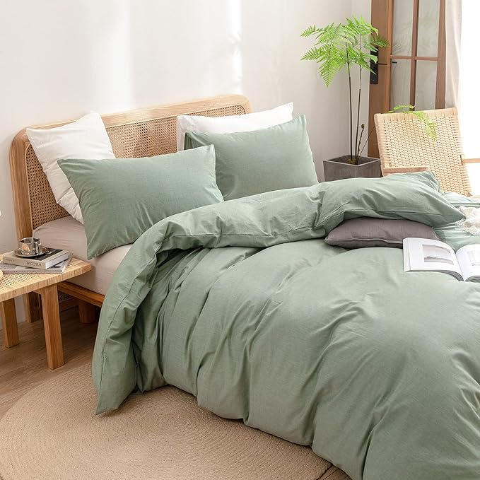 BESTOUCH Duvet Cover Set 100% Washed Cotton Linen Feel Super Soft Comfortable Chic Lightweight 3 PCs Home Bedding Set Solid Green Oversized King