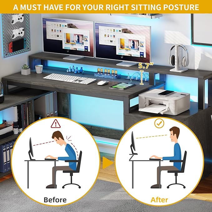 DWVO L Shaped Desk with Drawers, 65" Computer Desk with Power Outlets & LED Lights, Corner Home Office Desk with Storage Shelves & Printer Stand, Grey