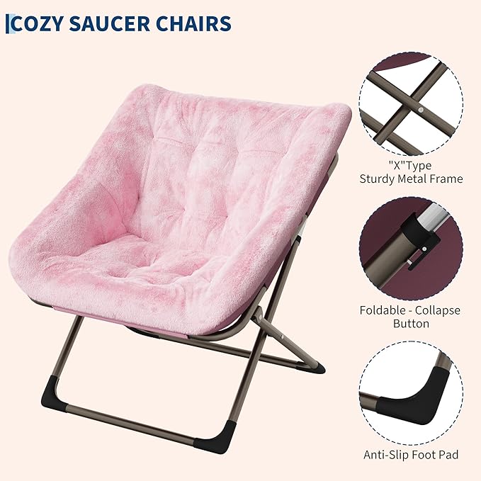 Comfy Chair for Adults, Foldable Living Room Chairs, Soft Faux Fur Folding Lounge for Bedroom Living Room Dorm Rooms, Flexible Reading Chair for Teens (1, Pink, Extra Large)
