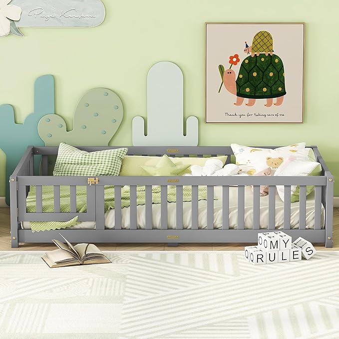 Bellemave Twin Floor Bed with Slats and Safety Guardrails, Kids Montessori Floor Beds with Fence and Door, Easy Assemble Floor Bed for Kids, Girls, Boys, Gray